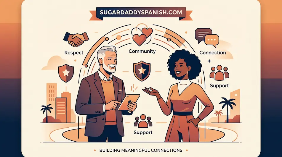 Illustration for SugarDaddySpanish.com About Us page, showing an older man and a young woman conversing surrounded by icons representing respect, community, and meaningful connections.
